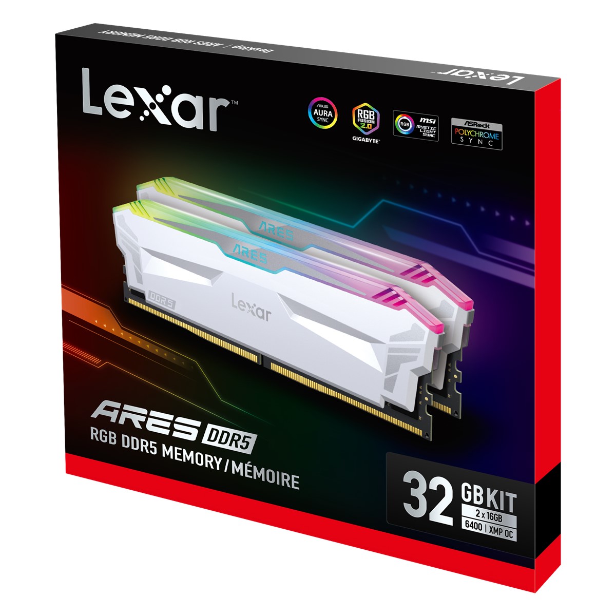LEXAR ARES RAM DT GAMING DDR5 UDIMM 32GB KIT (2X16GB) 288PIN 6400 CL32 1.4V MEMORY WITH HEATSINK AND RGB LIGHTING DUAL PACK WHITE COLOR LD5EU016G-R6400GDWA resmi