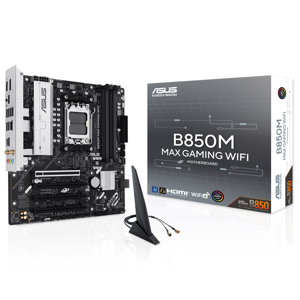 ASUS MB B850M MAX GAMING WIFI AMD B850 AM5 DDR5 8000 DP HDMI 3x M2 USB3.2 WiFi 6 + BT AURA RGB mATX 256GB’a kadar ram desteği, 8+2+1 Güç Aşamaları, 1xGen5 M.2, Advanced AI PC-Ready resmi