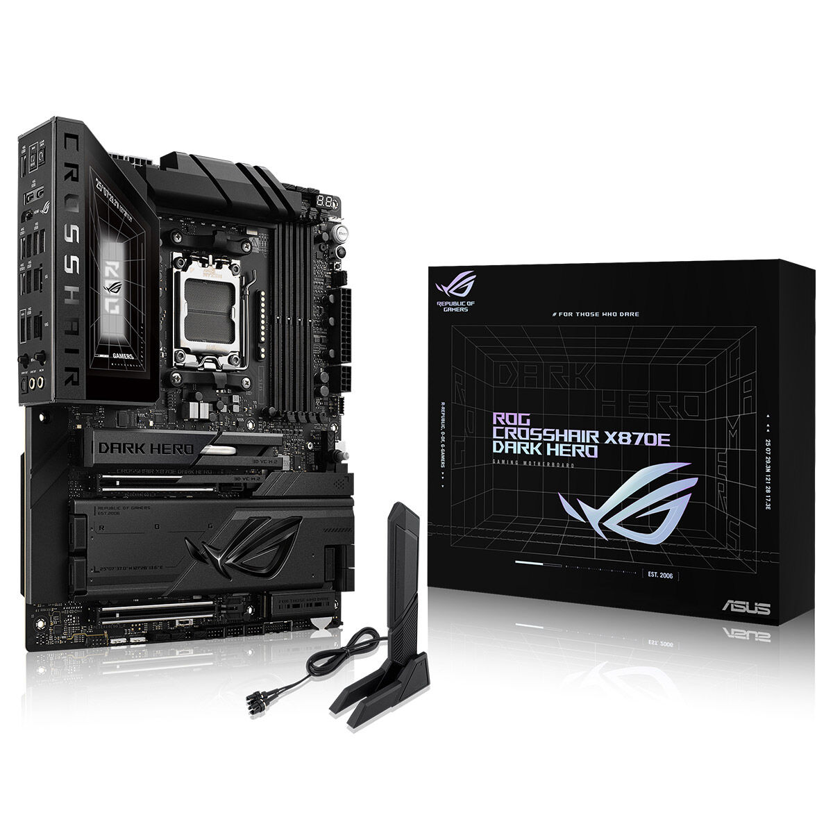 ASUS ROG CROSSHAIR X870E DARK HERO AMD X870E AM5 DDR5 9600 HDMI 2xUSB4 5x M2 USB3.2 WiFi 7 + BT AURA RGB 10Gbit + 5Gbit LAN ATX 20+2+2 Güç Aşamaları, Çift USB4, 5xM.2 slot, Wi-Fi 7, AI Overclocking resmi
