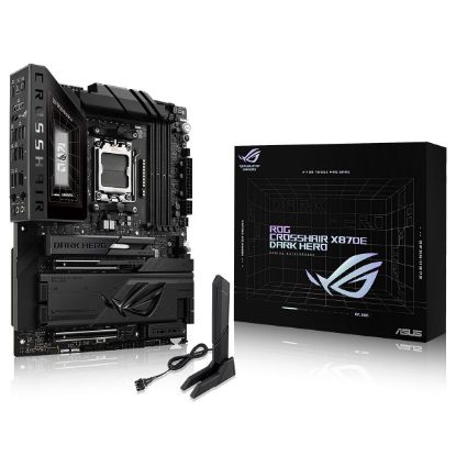 ASUS ROG CROSSHAIR X870E DARK HERO AMD X870E AM5 DDR5 9600 HDMI 2xUSB4 5x M2 USB3.2 WiFi 7 + BT AURA RGB 10Gbit + 5Gbit LAN ATX 20+2+2 Güç Aşamaları, Çift USB4, 5xM.2 slot, Wi-Fi 7, AI Overclocking resmi