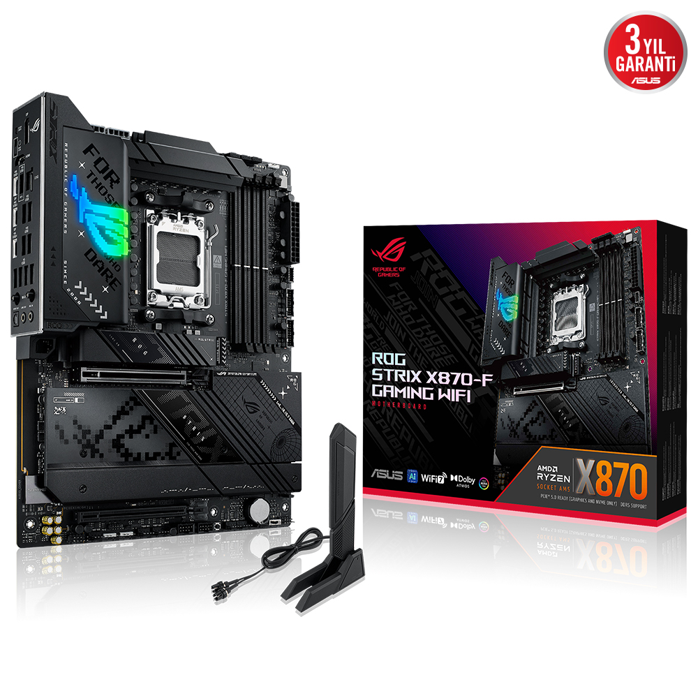 ASUS ROG STRIX X870-F GAMING WIFI AMD X870 AM5 DDR5 8000 DP HDMI 2XUSB4 4X M2 USB3.2 WİFİ 7 + BT AURA RGB 5GBİT LAN ATX 16+2+2 GÜÇ AŞAMALARI ÇİFT USB4 4XM.2 SLOT PCIE 5.0 USB 10G PD 3.0 İLE 30W A KADAR USB ÇIKIŞI resmi