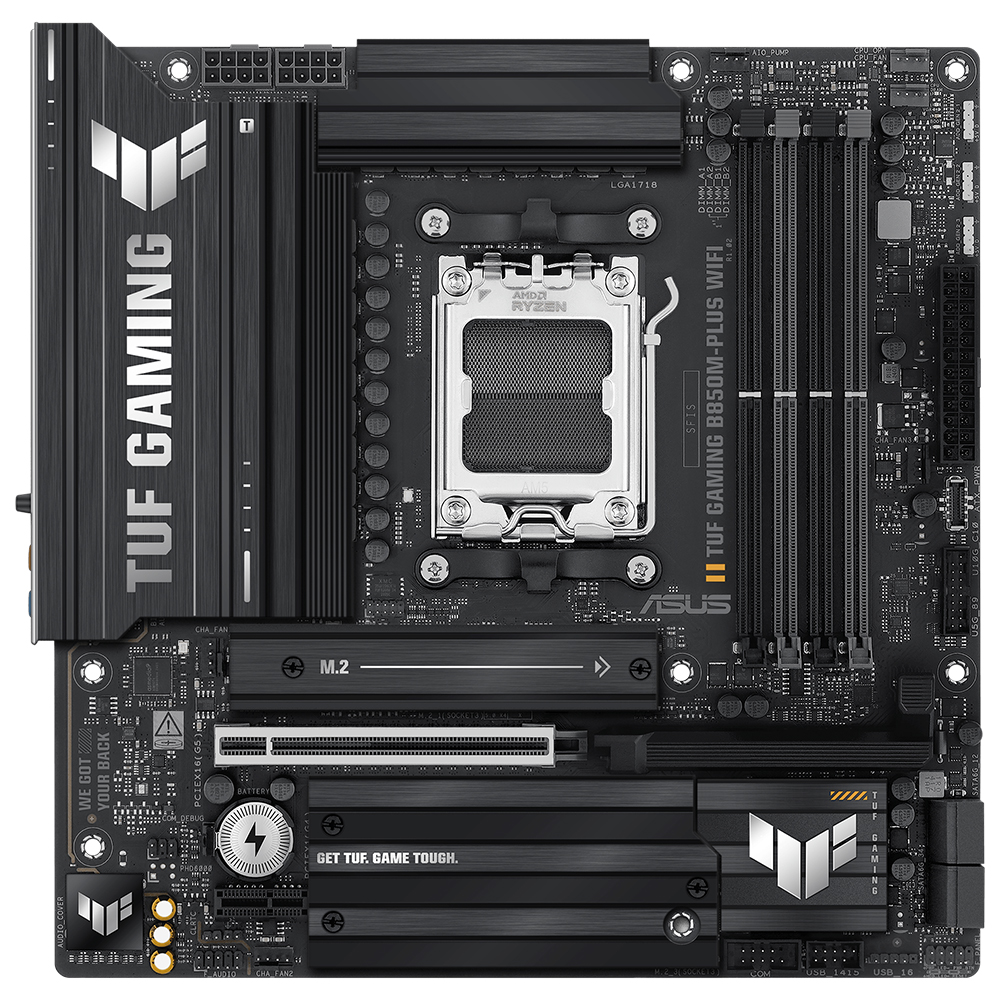 ASUS MB TUF GAMING B850M-PLUS WIFI AMD B850 AM5 DDR5 8000 DP HDMI 3X M2 USB3.2 GEN 2X2 WİFİ 6E + BT AURA RGB 2.5GBİT LAN MATX 14+2+1 GÜÇ AŞAMALARI 1XGEN5 M.2 READY FOR ADVANCED AI PC resmi